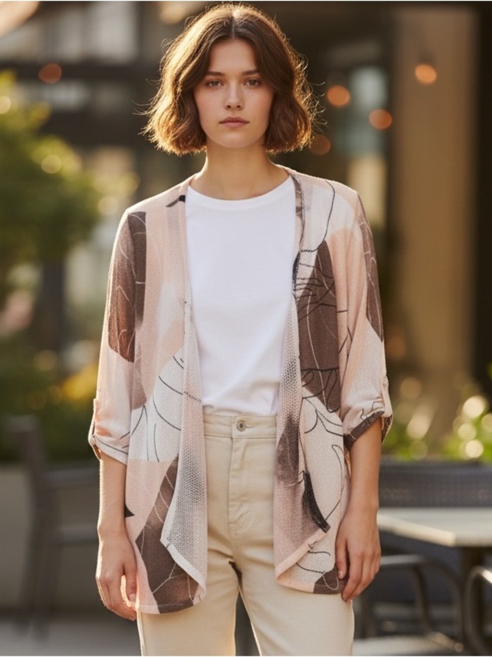 Alfani Light Pink & Taupe Floral Open Front Cardigan Linen Blend M EUC